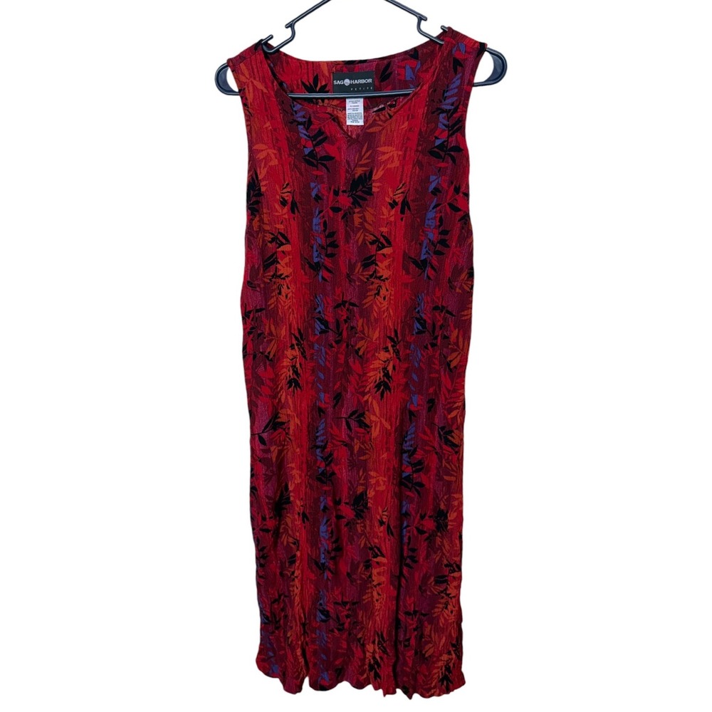Sag Harbor Petite Large Red Tropical Leaf Crinkle Rayon Sleeveless Midi Dress PL